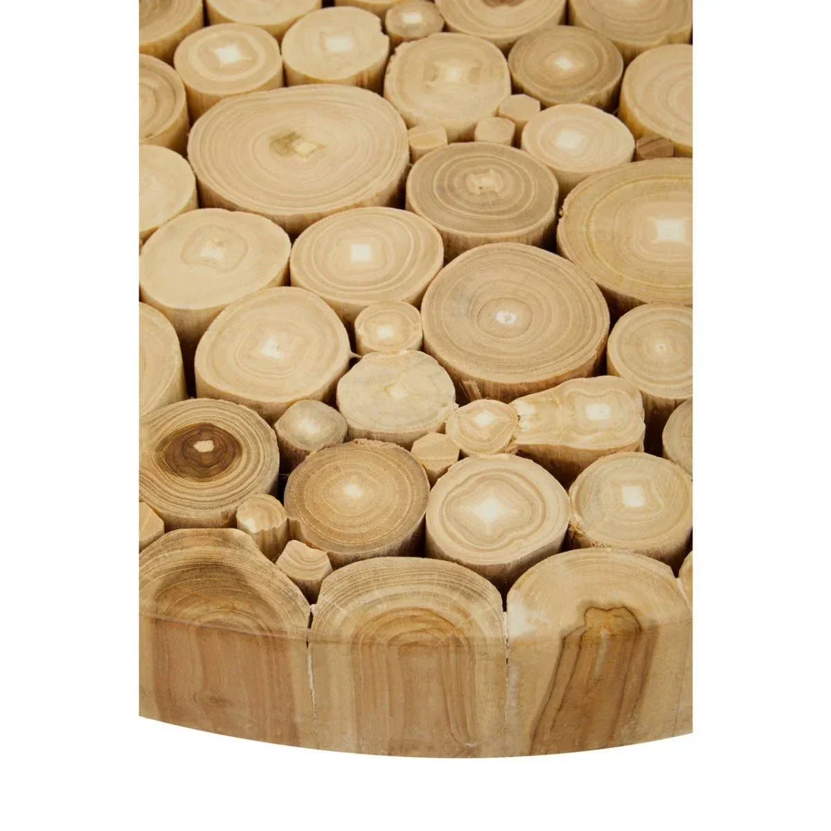 Round wooden coffee table top with natural log slice pattern and smooth finish