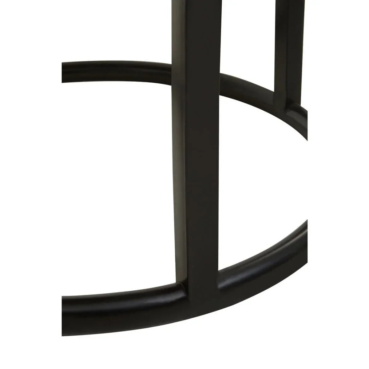 Black metal table base with round support bar, closeup of furniture leg design