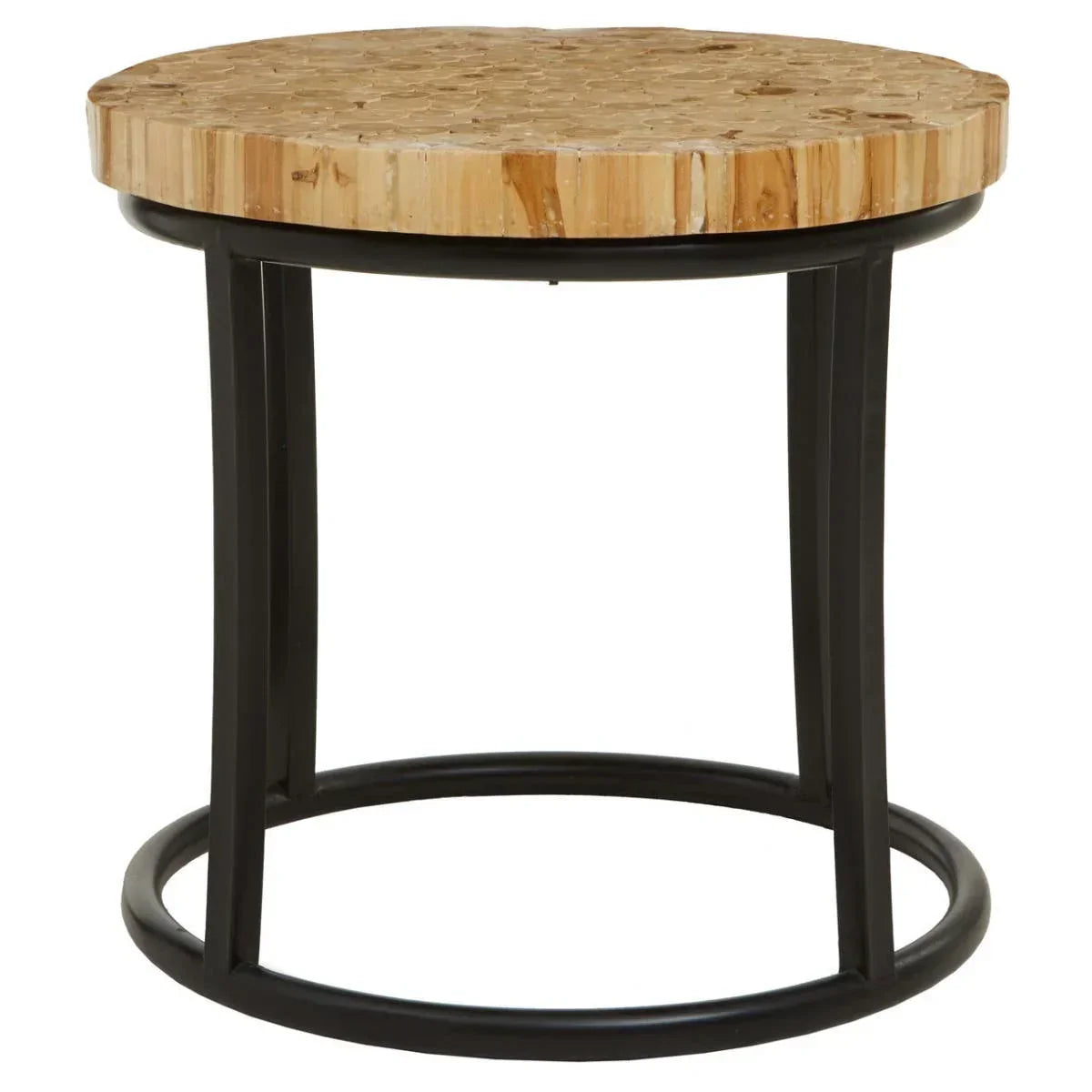 Round side table with textured wooden top and black metal frame