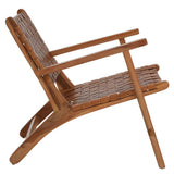 Side view of wooden lounge chair with woven leather seat and backrest