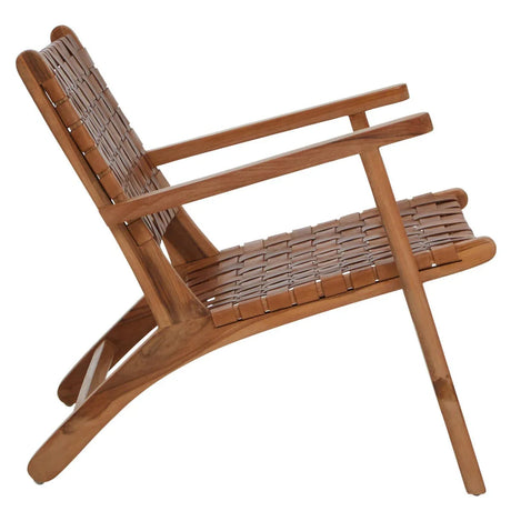 Side view of wooden lounge chair with woven leather seat and backrest