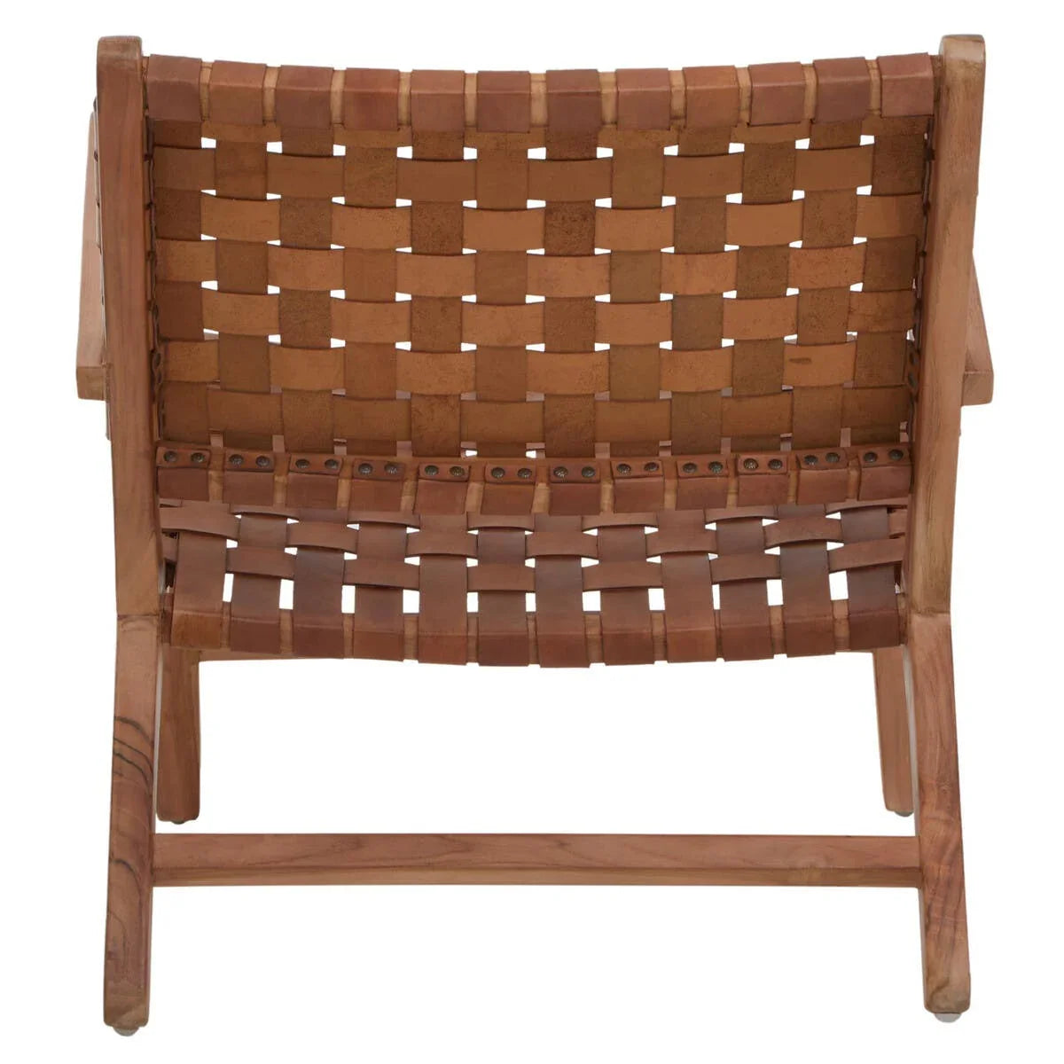 Rear view of wooden accent chair with brown leather woven seat and backrest