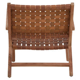 Rear view of wooden accent chair with brown leather woven seat and backrest