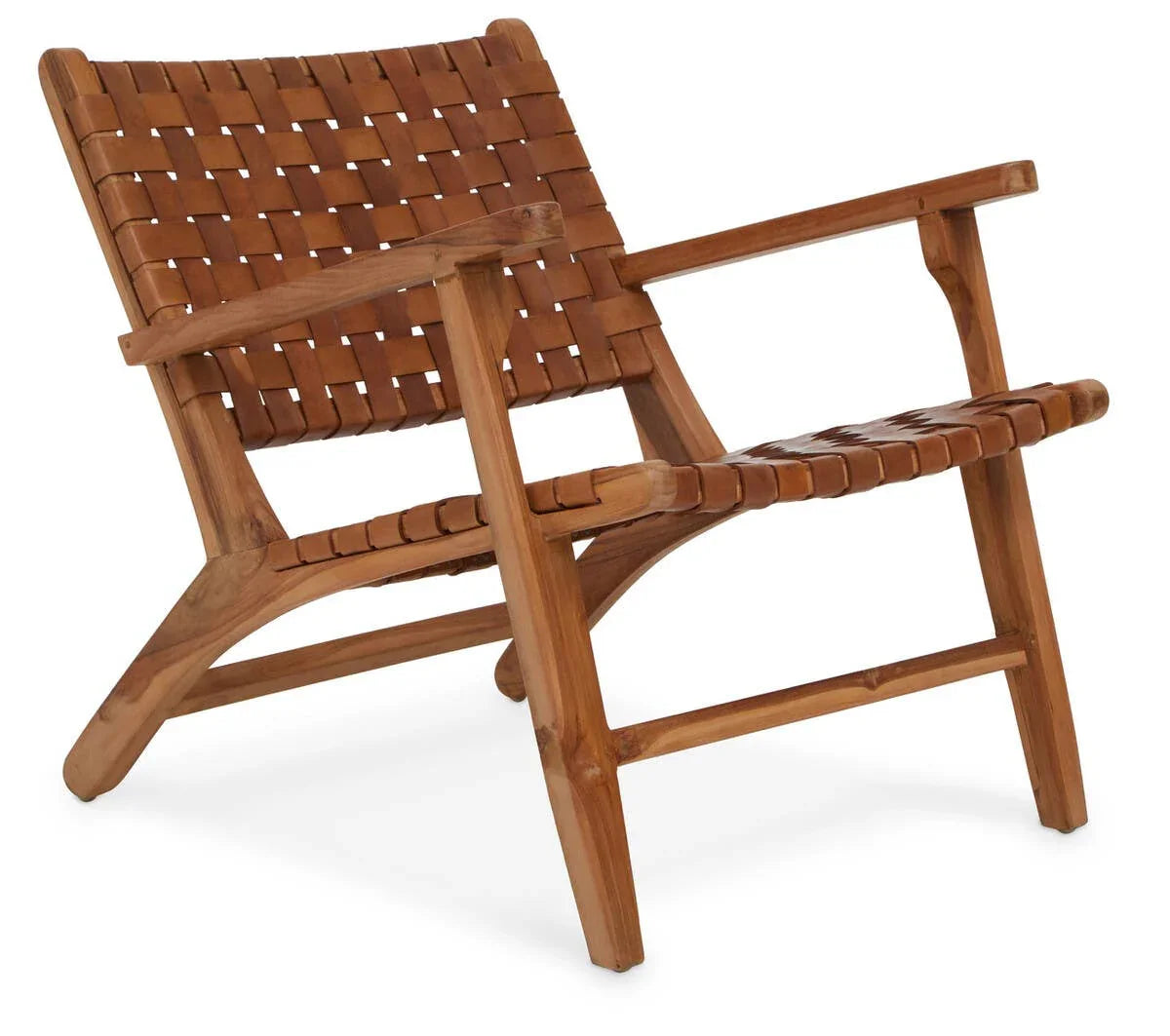 wooden lounge chair with woven leather seat and backrest, angled armrests, front view