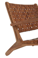Brown leather woven lounge chair with wooden frame, close-up of seat and backrest detail