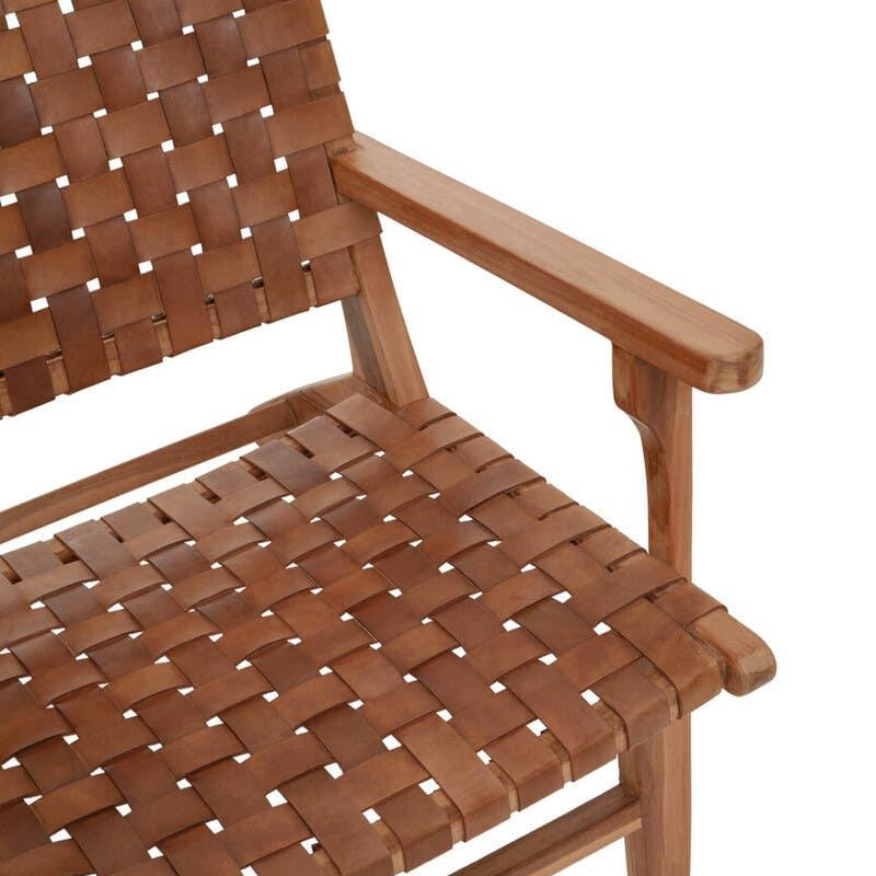 Wooden accent chair with brown woven leather seat and backrest, angled armrest view