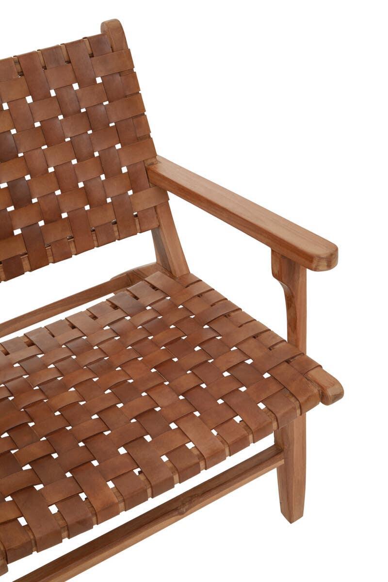 Wooden accent chair with brown woven leather seat and backrest, angled armrest view