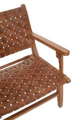 Wooden accent chair with brown woven leather seat and backrest, angled armrest view