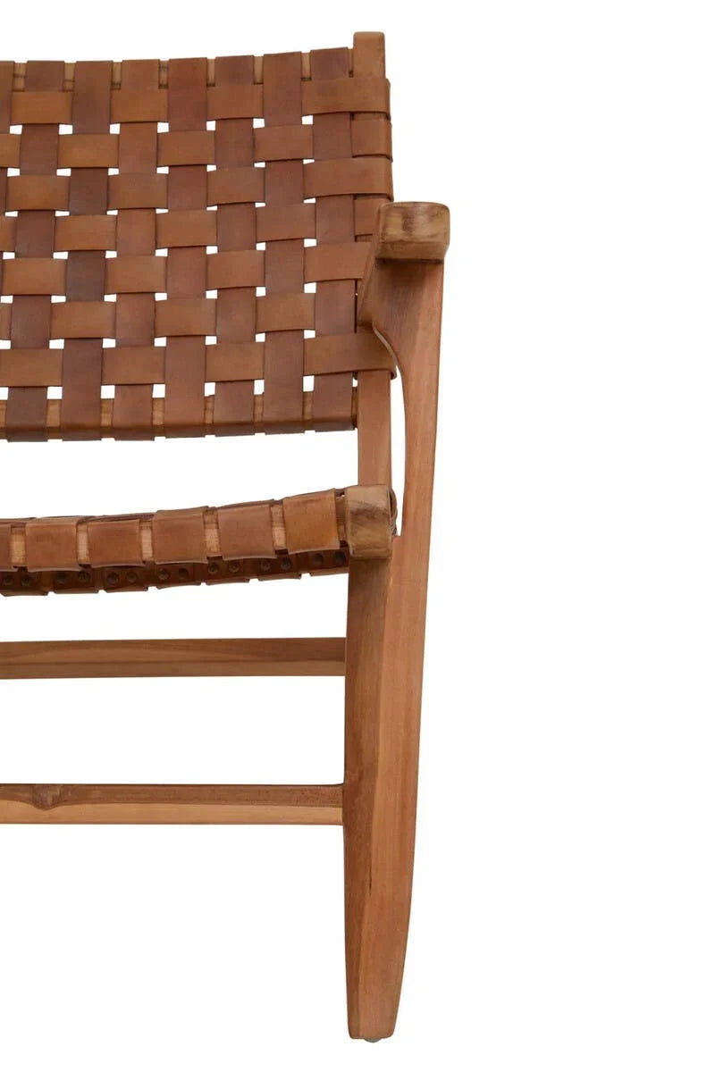 Closeup of woven leather lounge chair seat and armrest in natural wood finish
