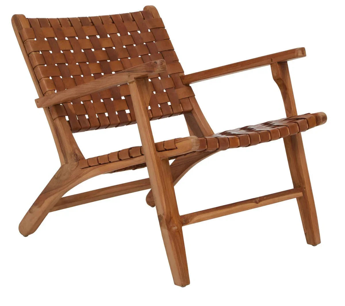 Wooden lounge chair with woven leather seat and backrest, angled arm rests and legs