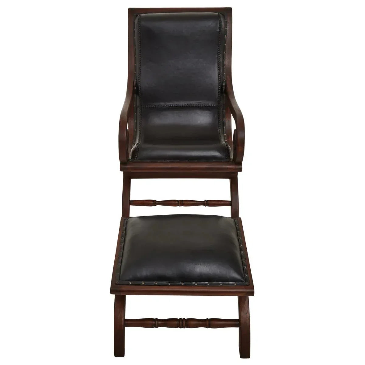 Dark wood accent chair with black leather upholstery and matching ottoman, front view