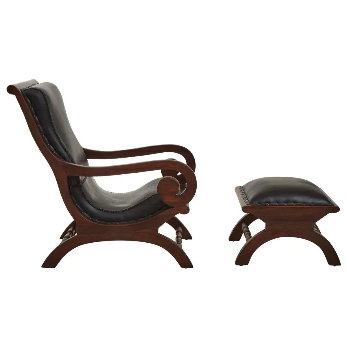 Dark wood lounge chair with leather seat and matching footstool side view