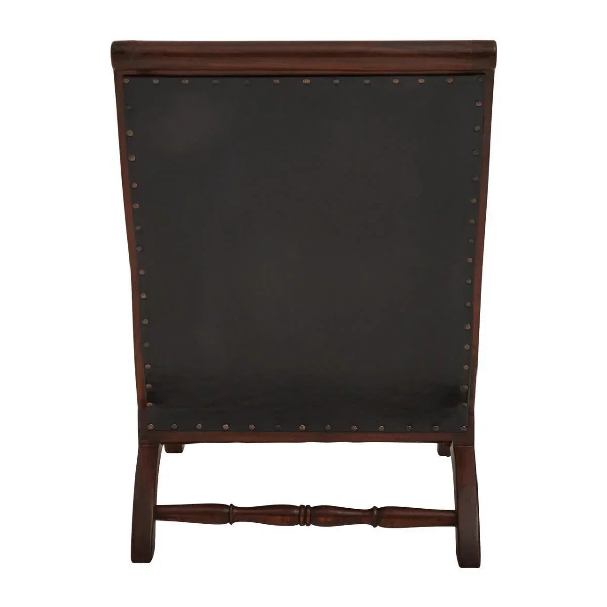 Back view of dark wood and black leather accent chair with studded trim