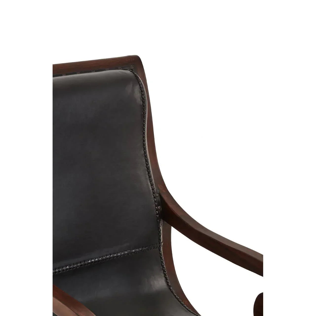 Close up of black leather chair seat with dark wood frame and stitched detail