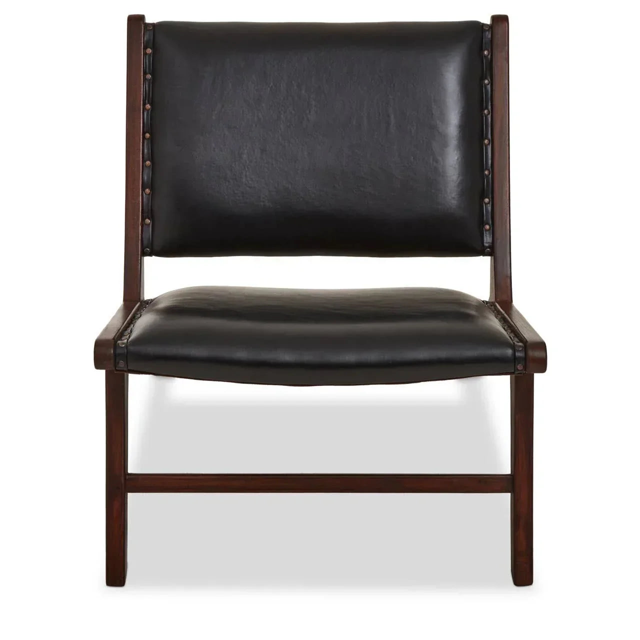 Black leather accent chair with wooden frame and padded seat, front view