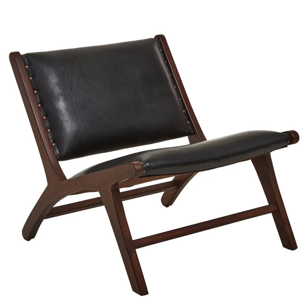 Modern accent chair with dark wood frame and black leather seat and backrest