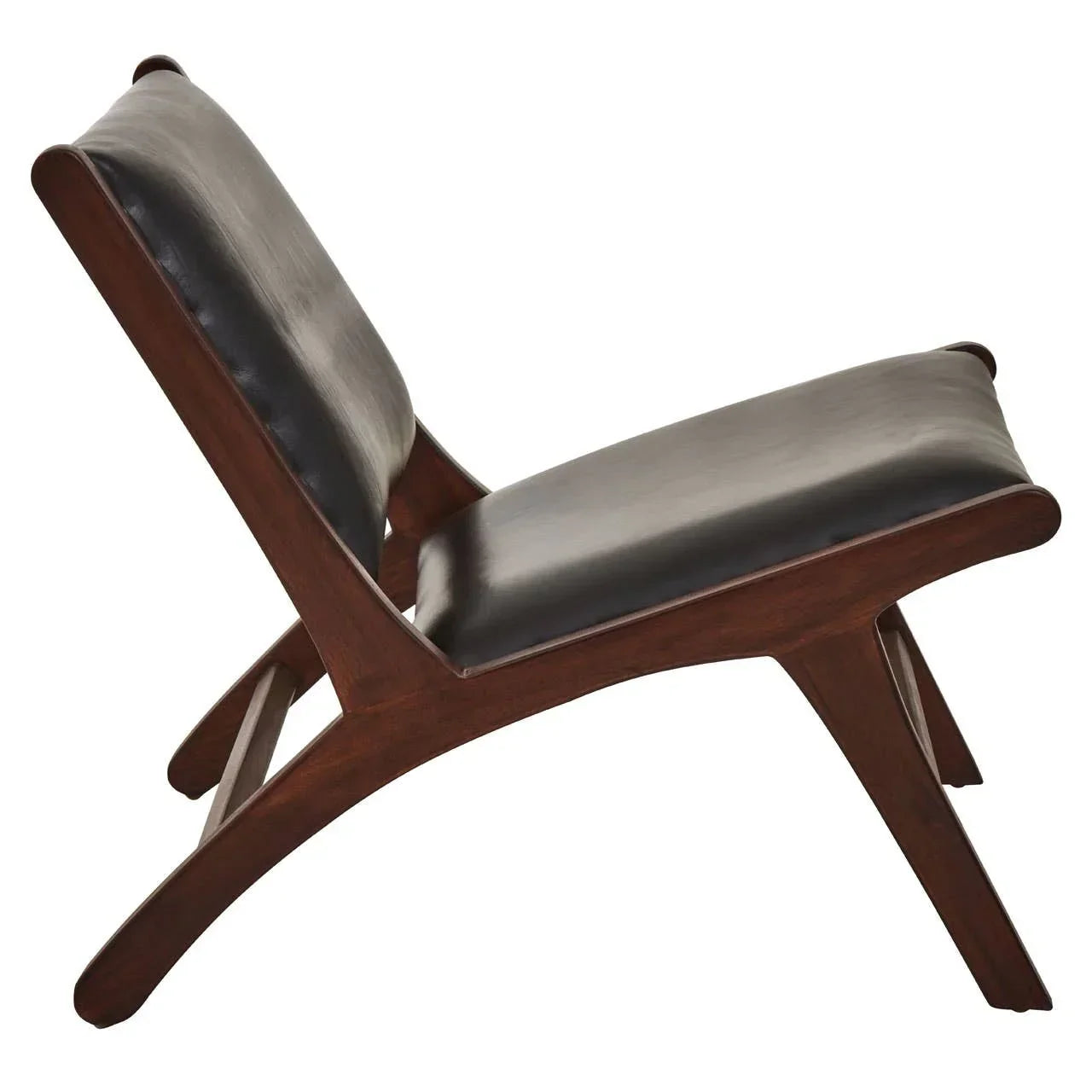 Side view of wooden accent chair with dark leather seat and backrest