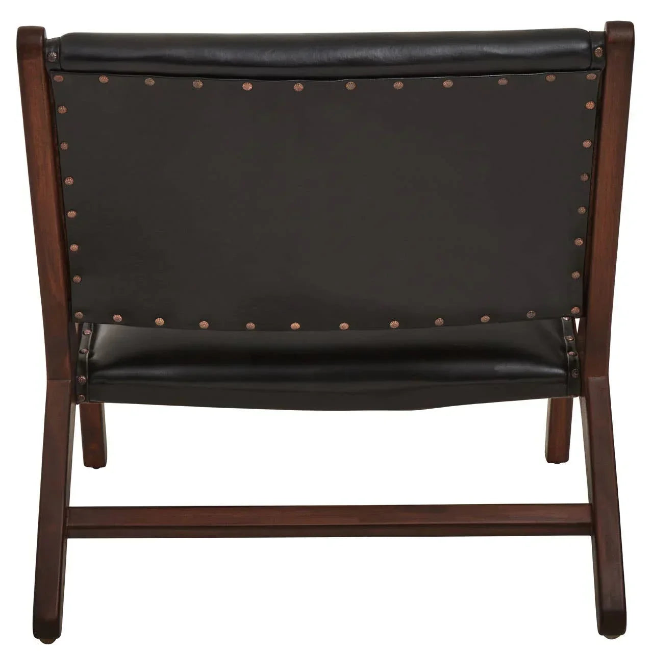Back view of a wooden accent chair with black leather upholstery and decorative studs
