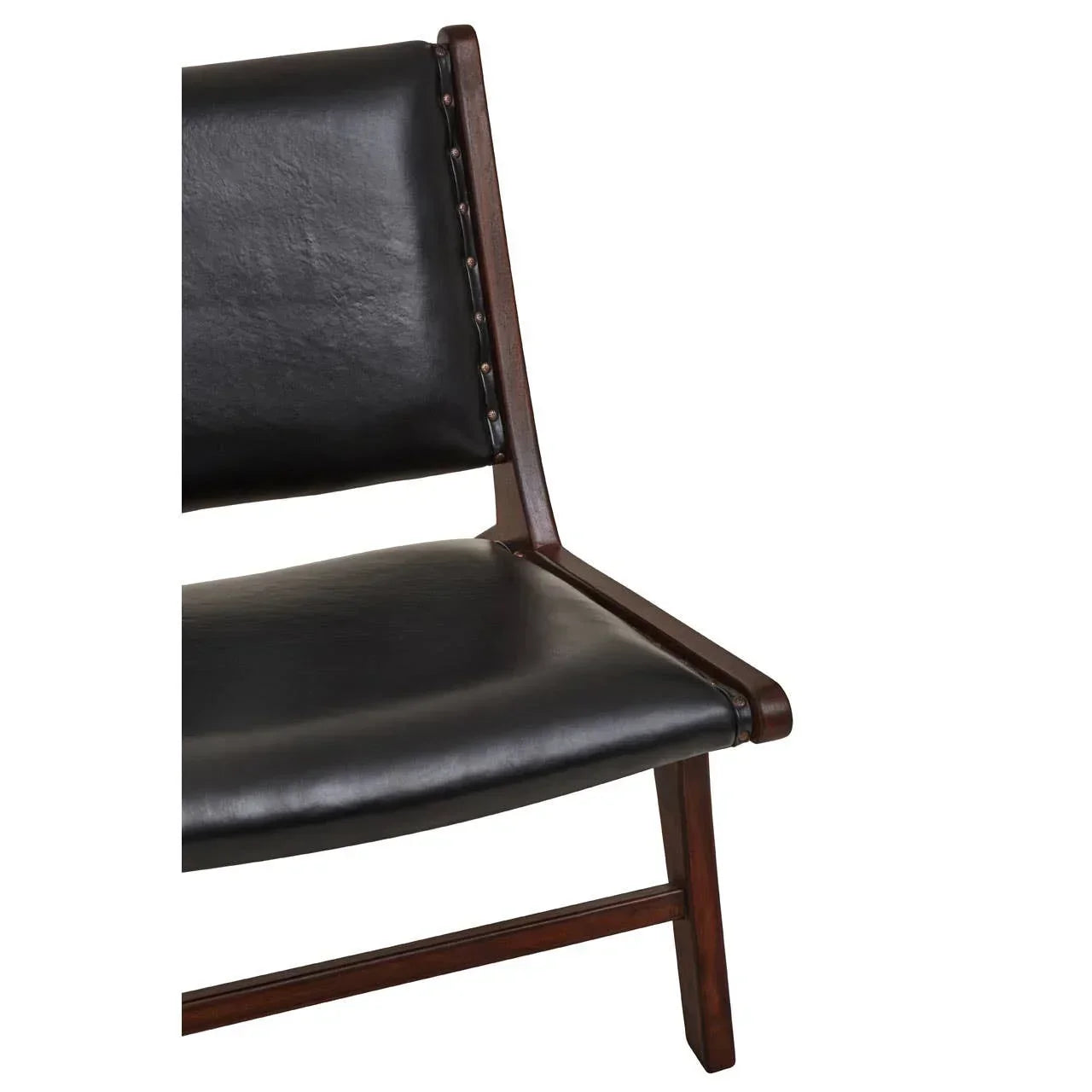 Black leather dining chair with wooden frame, angled view of seat and backrest