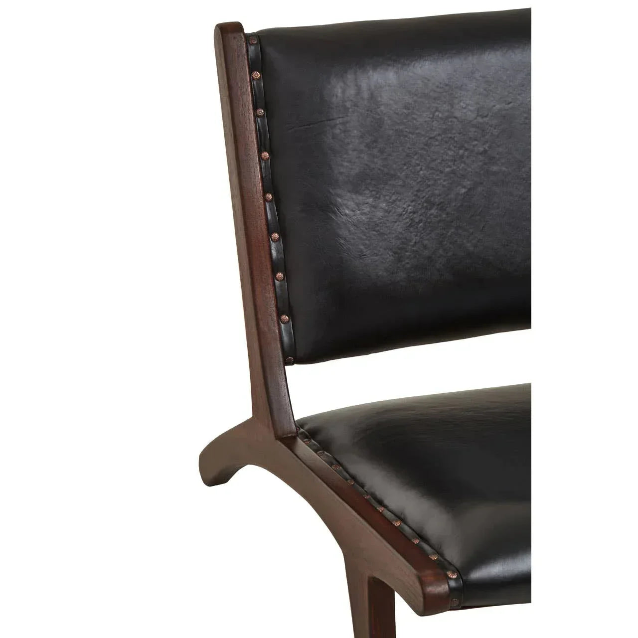 Dark wood dining chair with black leather padded seat and backrest, copper stud accents