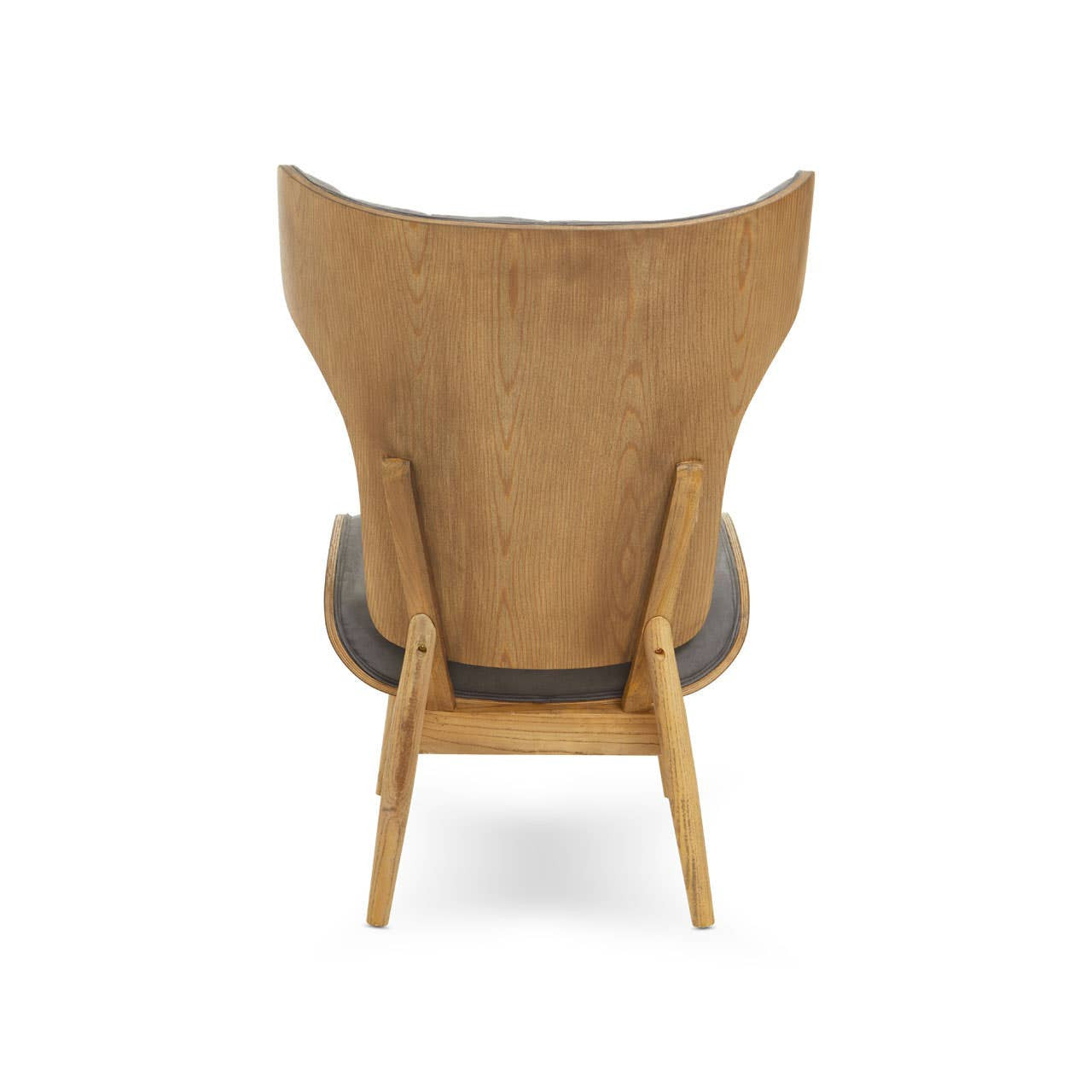 Dark grey velvet chair featuring a winged back design, supported by a light wood frame.