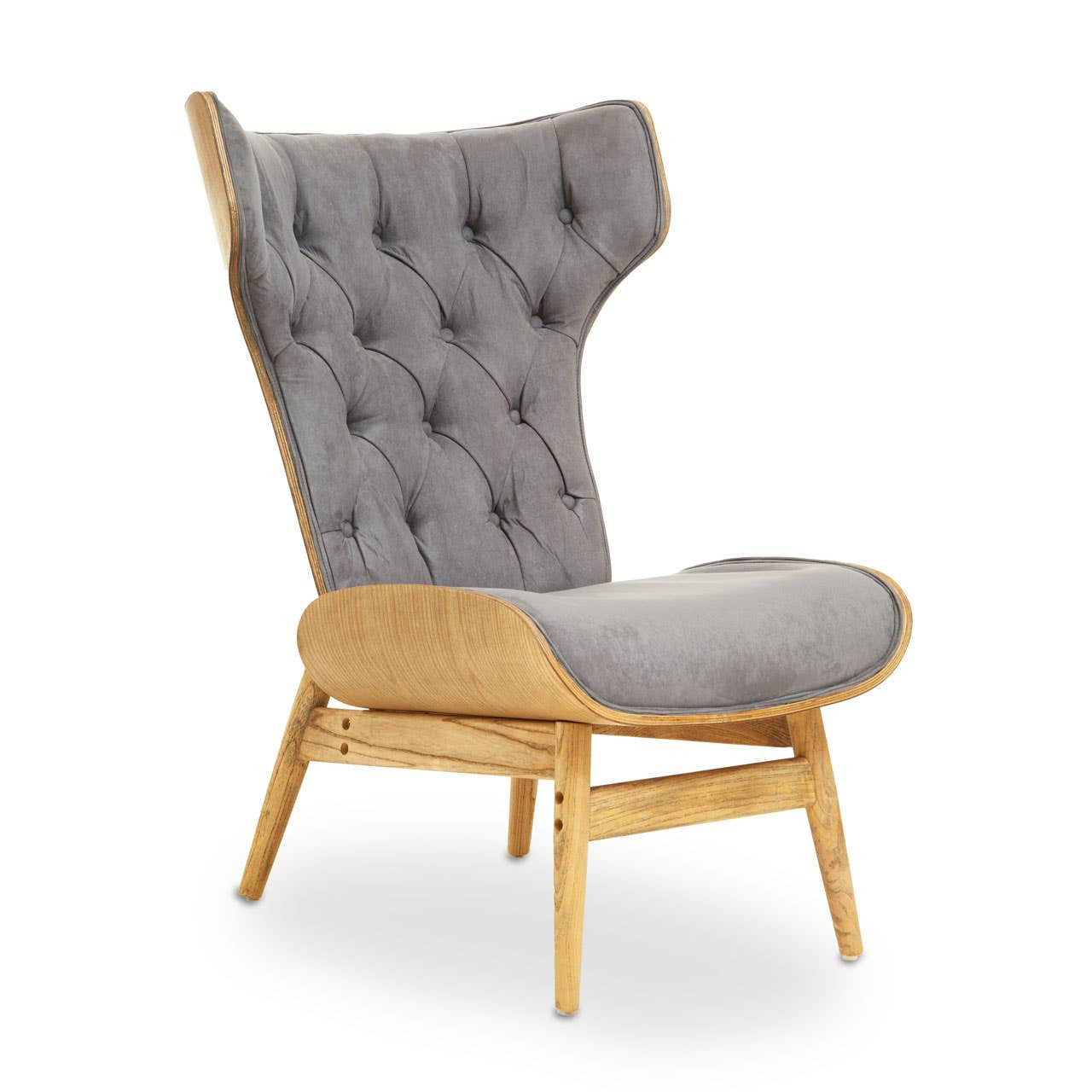 Dark grey velvet chair featuring a winged back and tufted upholstery.