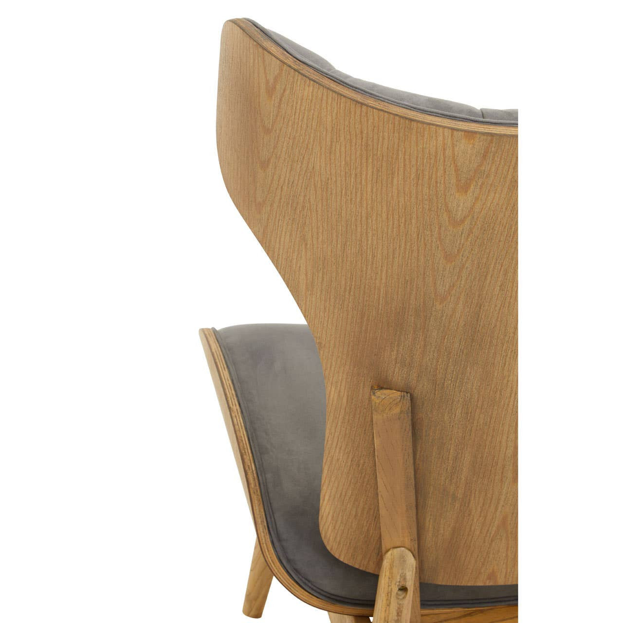 Dark grey velvet chair featuring a winged back design, complemented by a natural wood frame.