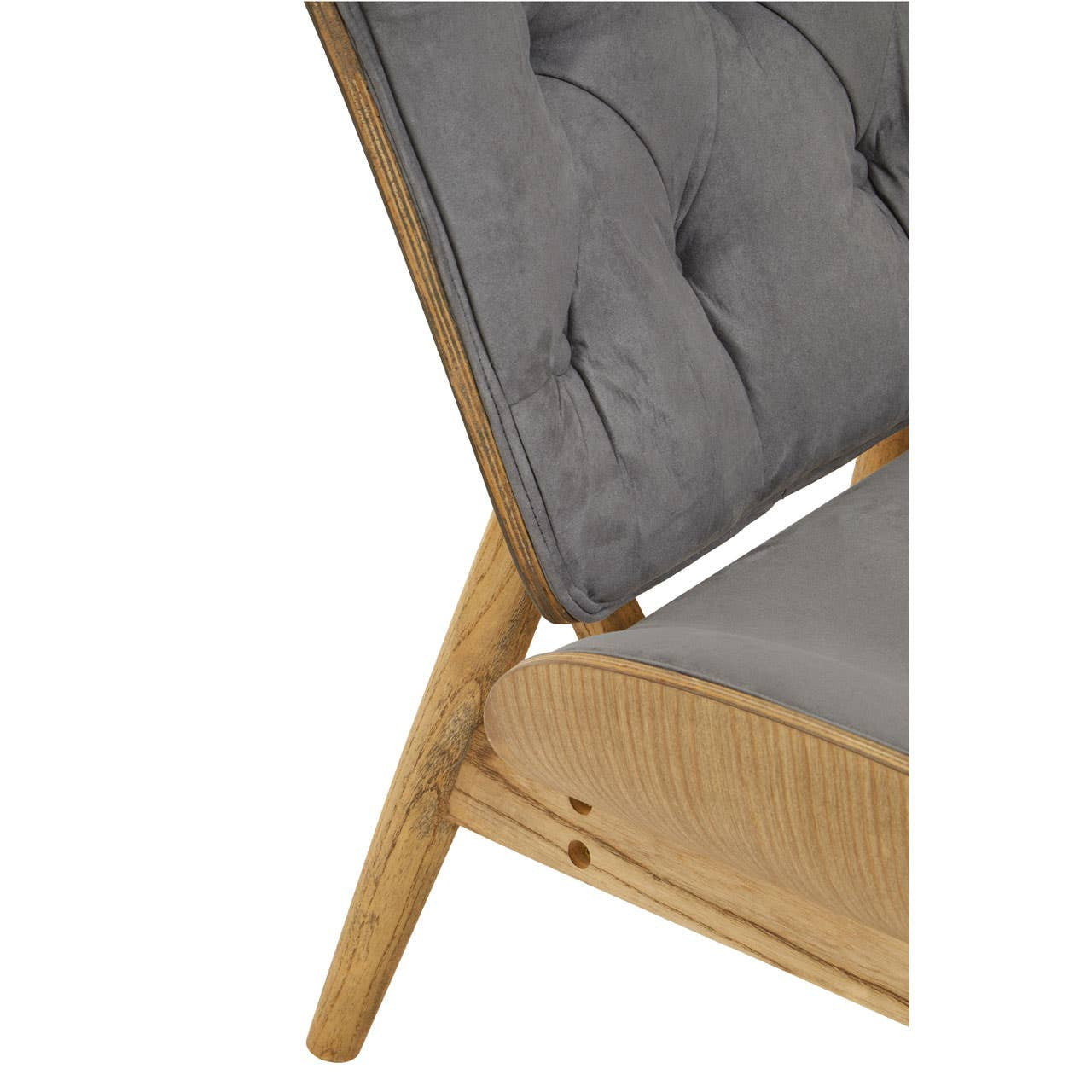 Dark grey velvet chair featuring a winged back design and tufted upholstery. The chair is supported by sturdy elm wood legs, showcasing a natural finish.