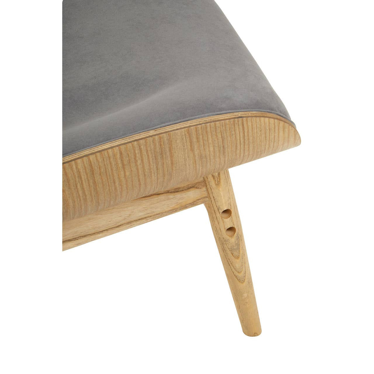 Dark grey velvet chair featuring a winged back design and a wooden frame with a natural finish.