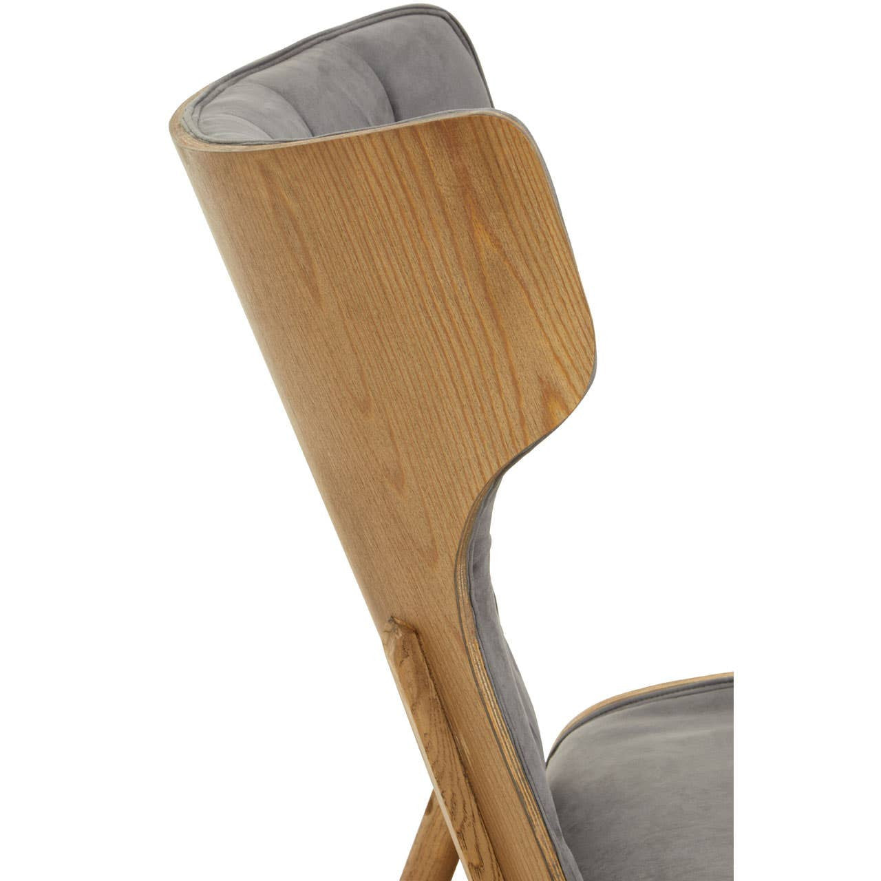 Dark grey velvet chair featuring a winged back design, complemented by a smooth wooden frame.