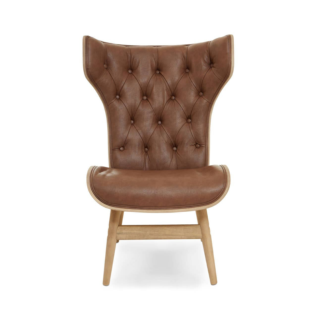 Brown leather effect chair featuring a winged back design with tufted detailing. The chair has a smooth, rounded seat and is supported by light-colored wooden legs.