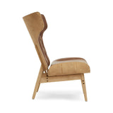 Brown leather effect chair featuring a winged back design, with a sleek elm wood frame and tapered legs.