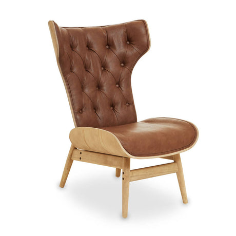 Brown leather effect chair featuring a winged back design with tufted detailing.