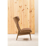 Brown leather effect chair featuring a winged back design, with a sleek, modern silhouette. The chair is supported by light-colored elm wood legs, showcasing a natural finish.