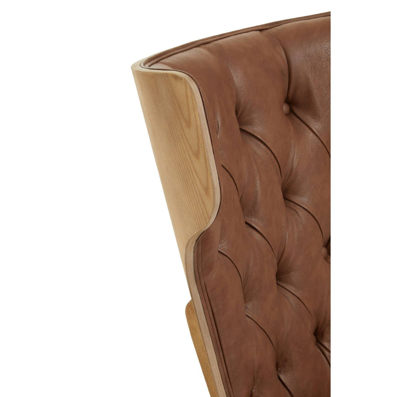 Brown leather effect chair featuring a winged back design with tufted detailing. The chair's edges are complemented by a light wood finish, enhancing its elegant look.