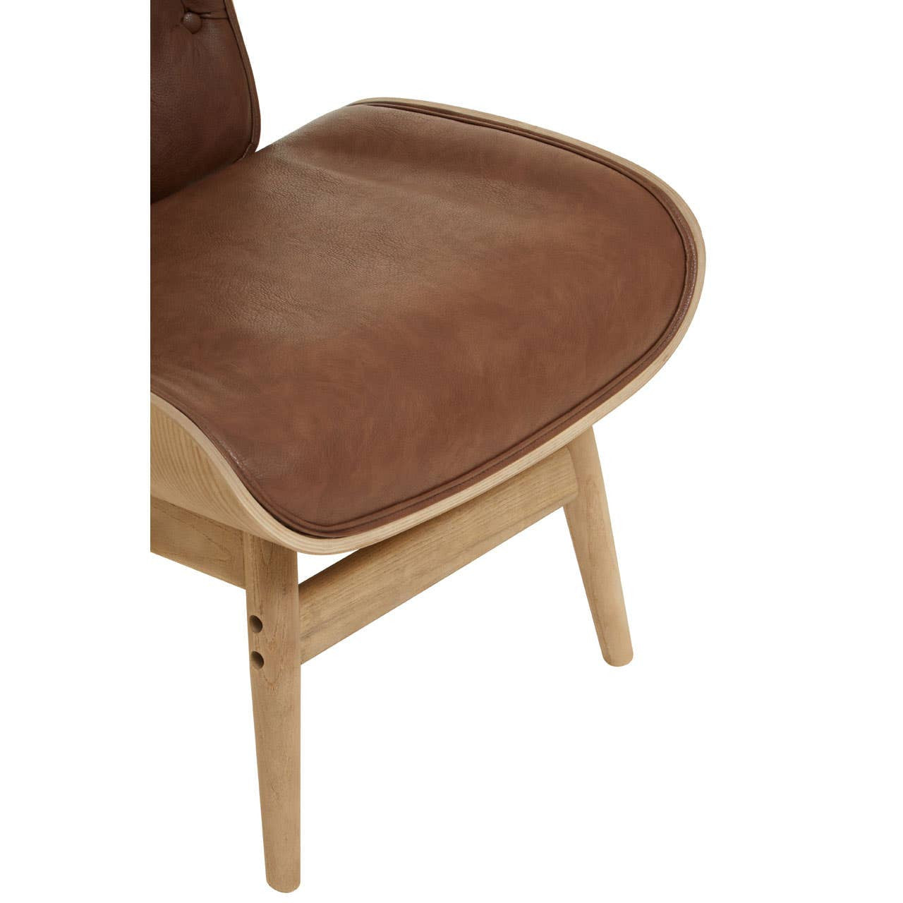 Brown leather effect chair featuring a winged back design, with a smooth, rounded seat and a natural wood frame. The chair's legs are elegantly tapered, providing a modern touch.