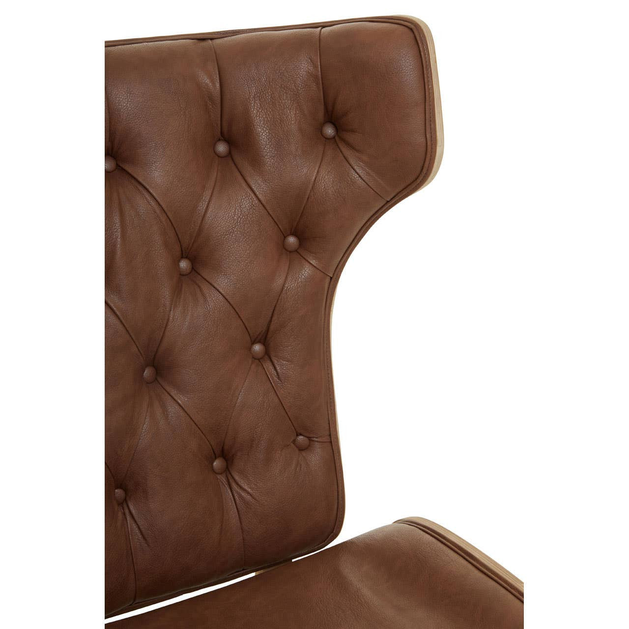 Brown leather effect chair featuring a winged back design with tufted detailing and button accents.
