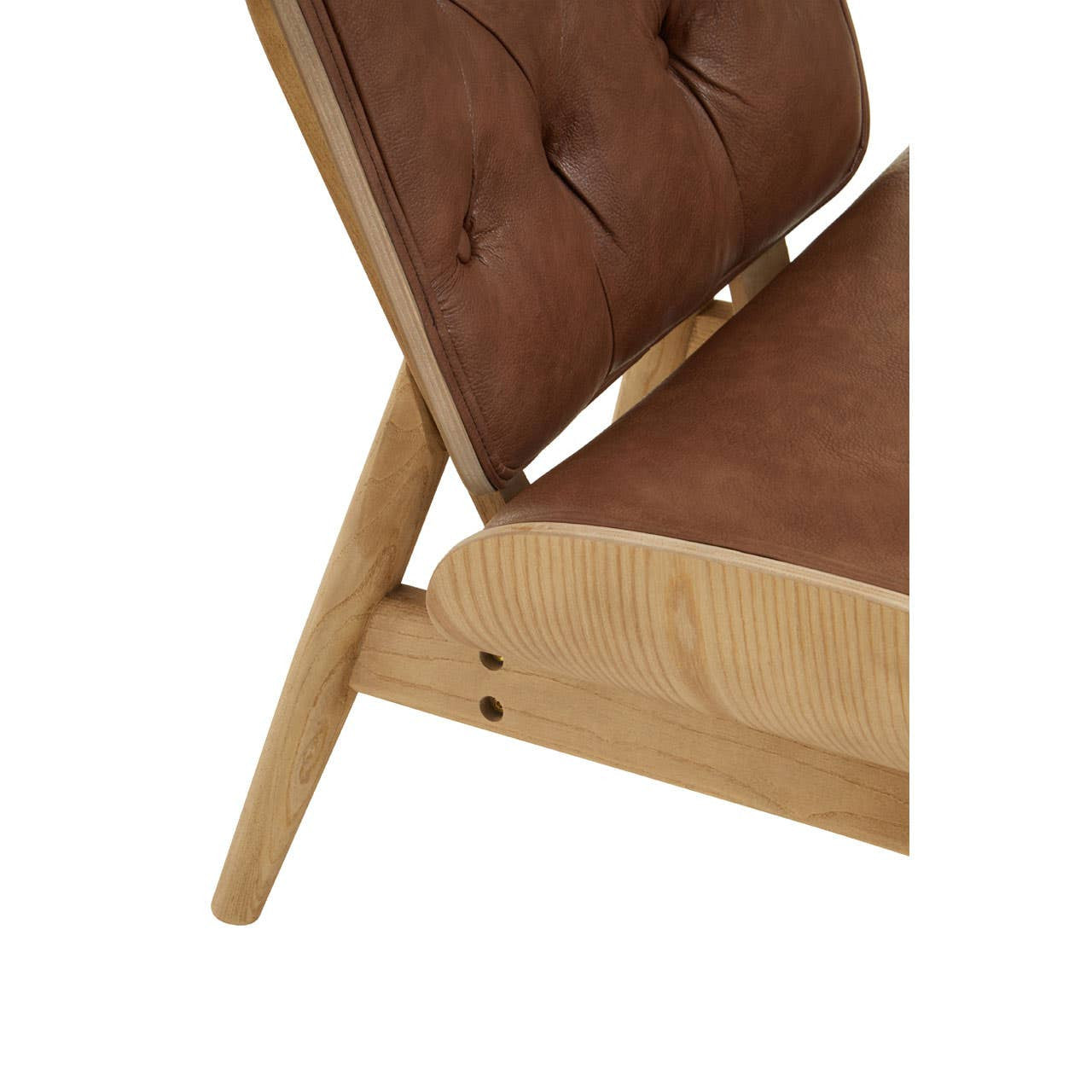 Brown leather effect chair featuring a winged back design, tufted upholstery, and a sturdy elm wood frame.