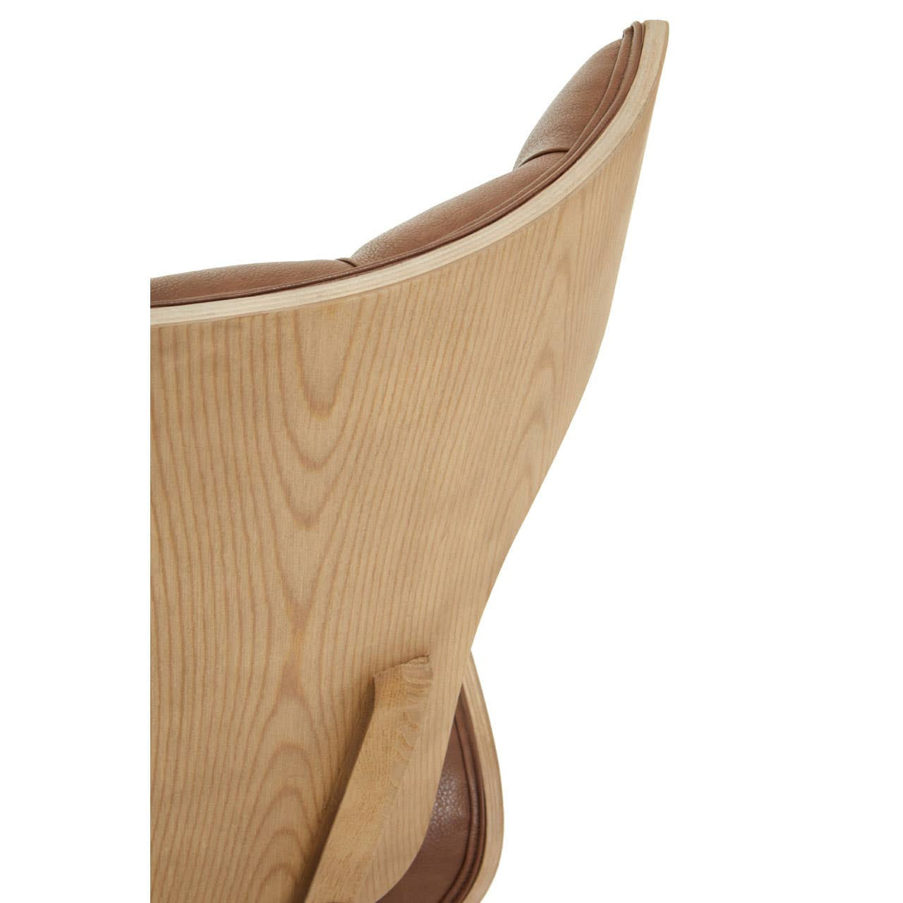 Brown leather effect chair featuring a winged back design, showcasing a smooth, curved silhouette.