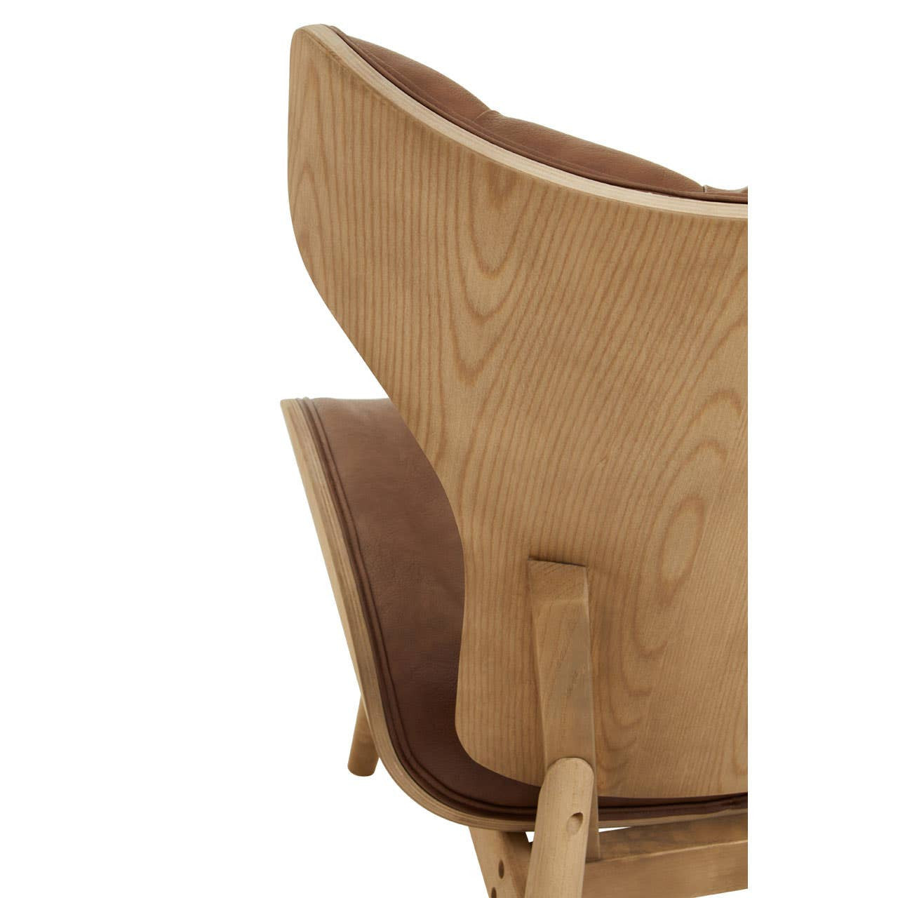 Brown leather effect chair featuring a winged back design, with a smooth, curved backrest and a contrasting light wood frame.
