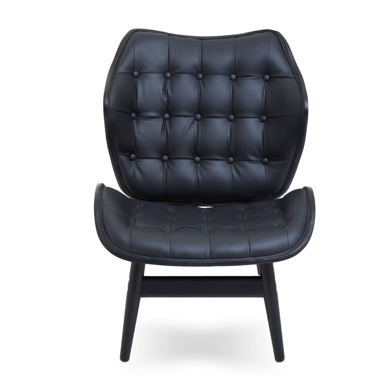 Stylish black leather effect chair featuring a tufted design with round buttons, a wide seat, and a curved backrest for comfort.