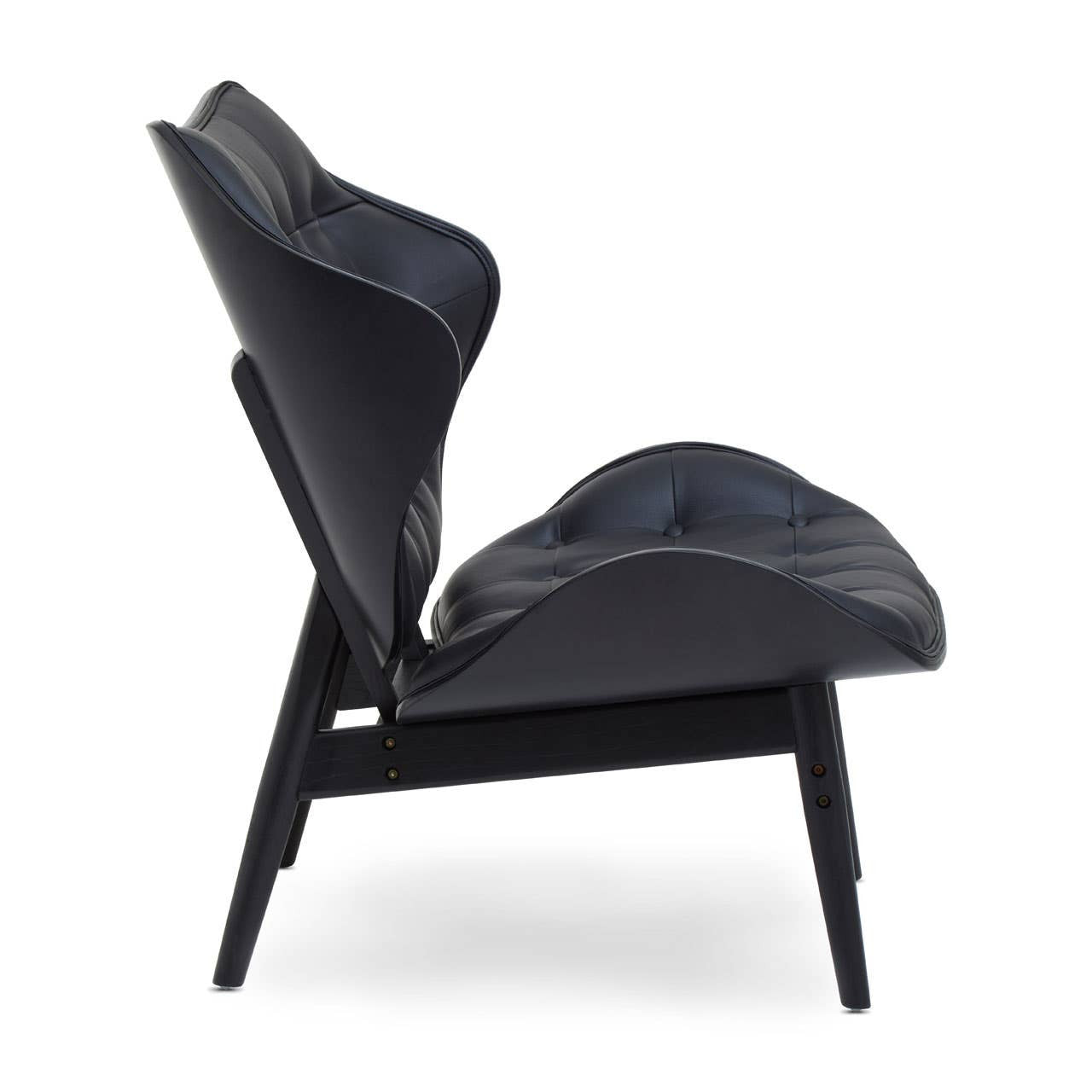 Stylish black leather effect chair featuring a unique curved design with tufted upholstery and a sturdy elm wood frame.