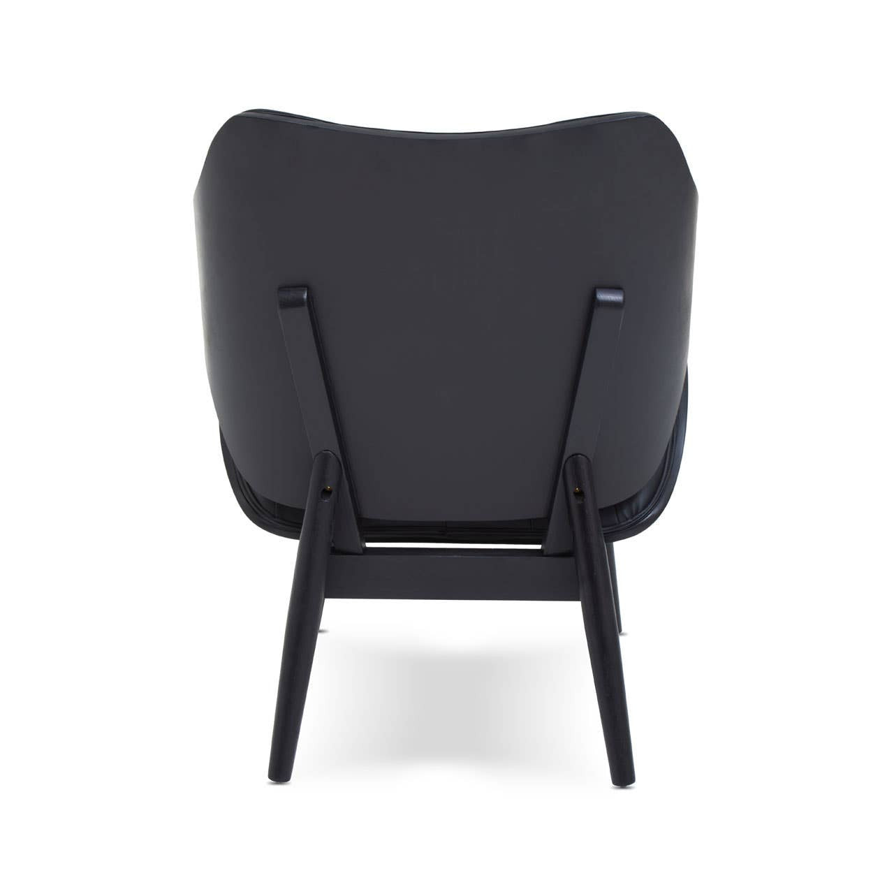 Stylish black leather effect chair featuring a curved backrest and sleek wooden legs, showcasing a modern design.