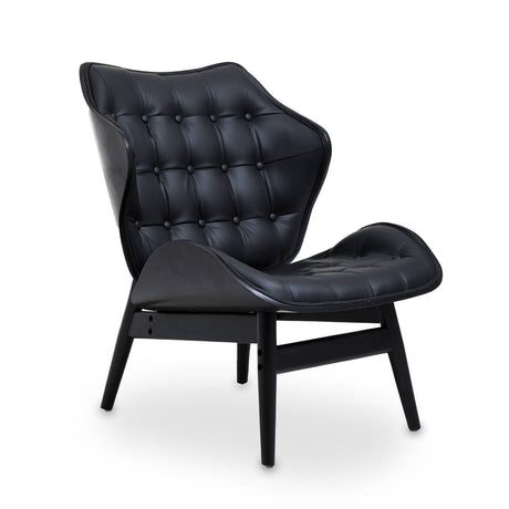 Stylish black leather effect chair featuring a tufted backrest and seat, supported by sleek black wooden legs.