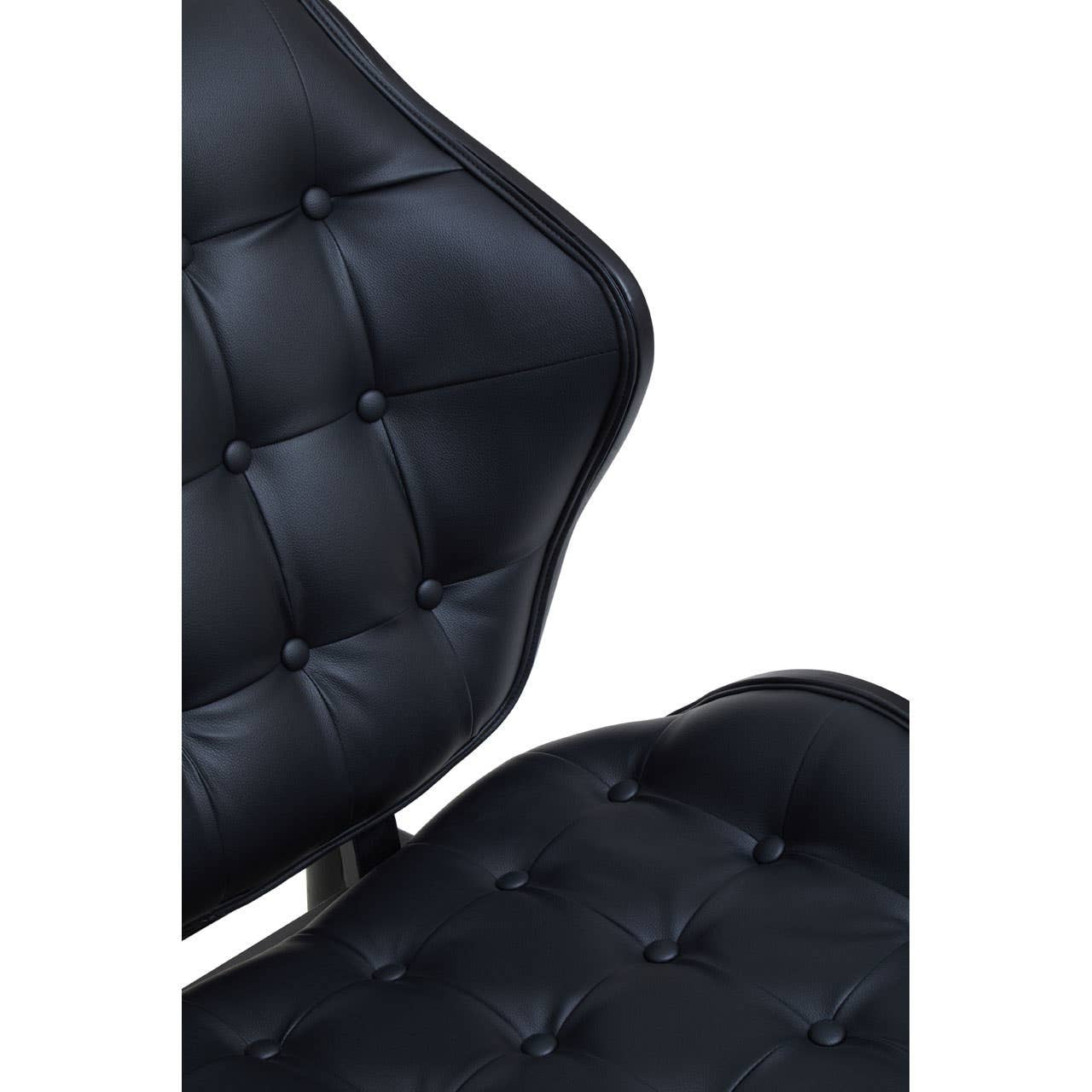 Black leather effect chair featuring a tufted design with round buttons, showcasing a sleek, modern silhouette.