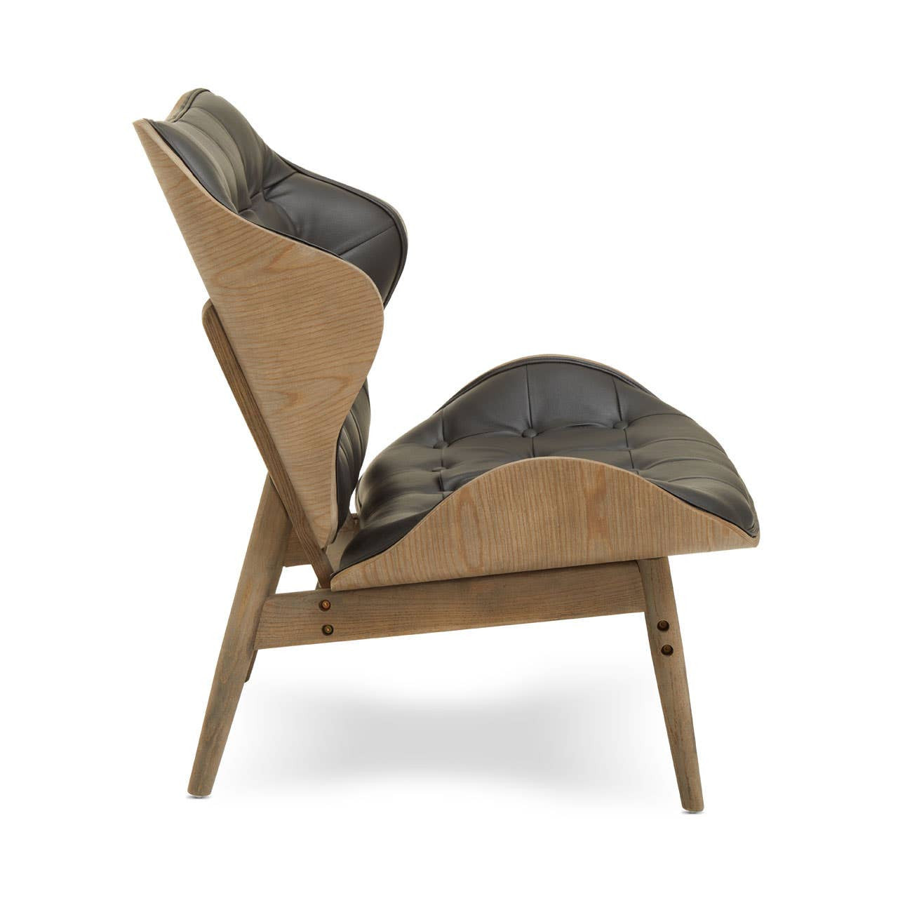 Stylish black leather effect chair featuring a unique button detail and a curved design, supported by a light elm wood frame.