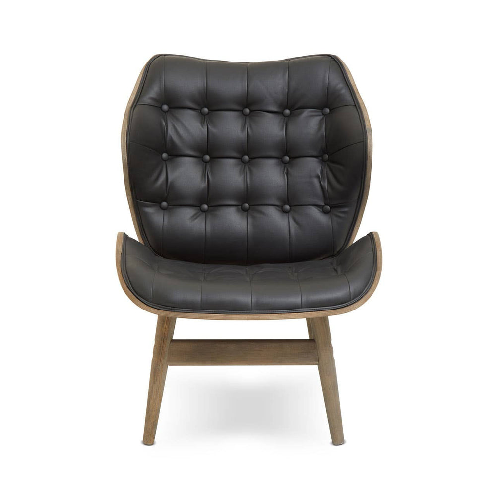 Stylish black leather effect chair featuring a button-tufted design and a curved backrest, supported by a sturdy elm wood frame with a natural finish.