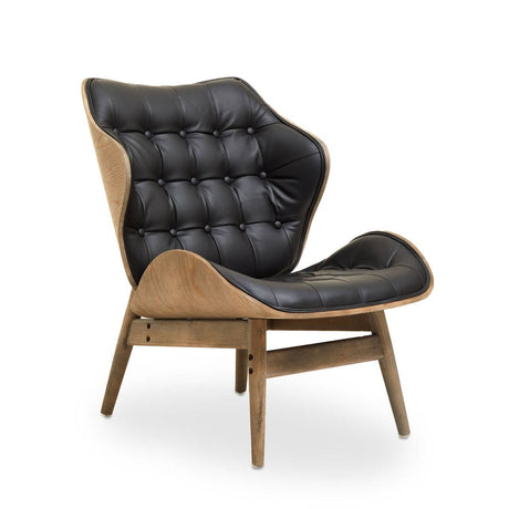 Stylish black leather effect chair featuring a tufted button detail on the backrest, complemented by a natural wood frame and legs.
