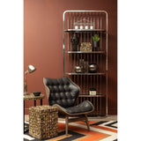 Stylish black leather effect chair featuring distinctive button detailing, set against a warm brown wall.