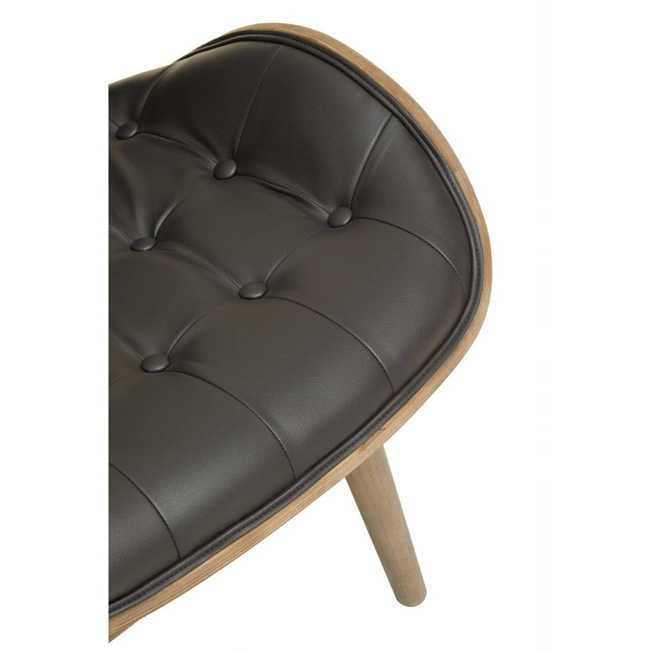 Stylish black leather effect chair featuring a tufted design with button detailing, complemented by a natural wood frame and tapered legs.